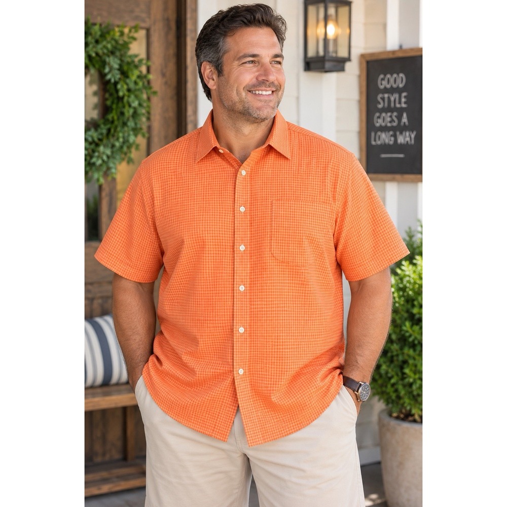 Saddlebred Tall Man Men's 3XLT Orange Gingham Short Sleeve Button Up Shirt